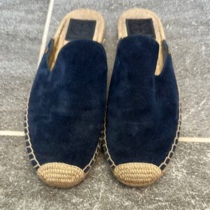 Tory Burch Blue and Tan Espadrille Slip-Ons